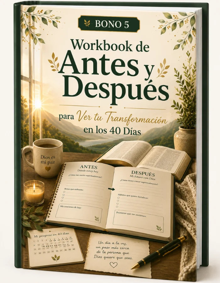 Mockup del Bono 5: Workbook de Antes y Después para Acompañar tu Proceso durante los 40 Días