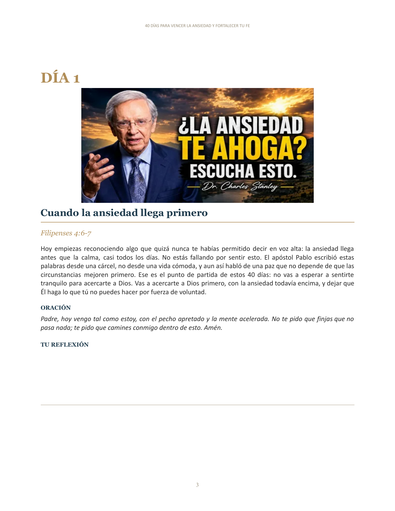 Página interior real del Día 1 del devocional 40 Días para Vencer la Ansiedad y Fortalecer tu Fe