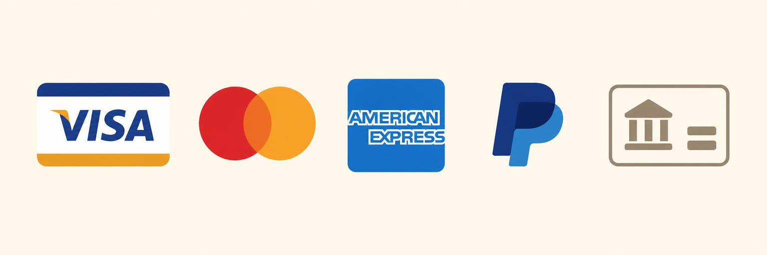Métodos de pago aceptados: Visa, Mastercard, American Express, PayPal y tarjeta de débito