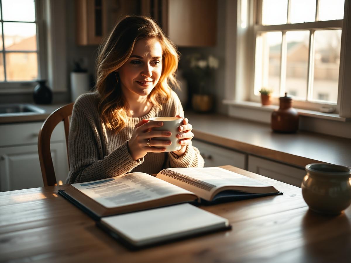 Mujer con una taza de café leyendo su Biblia y su diario en una mañana tranquila